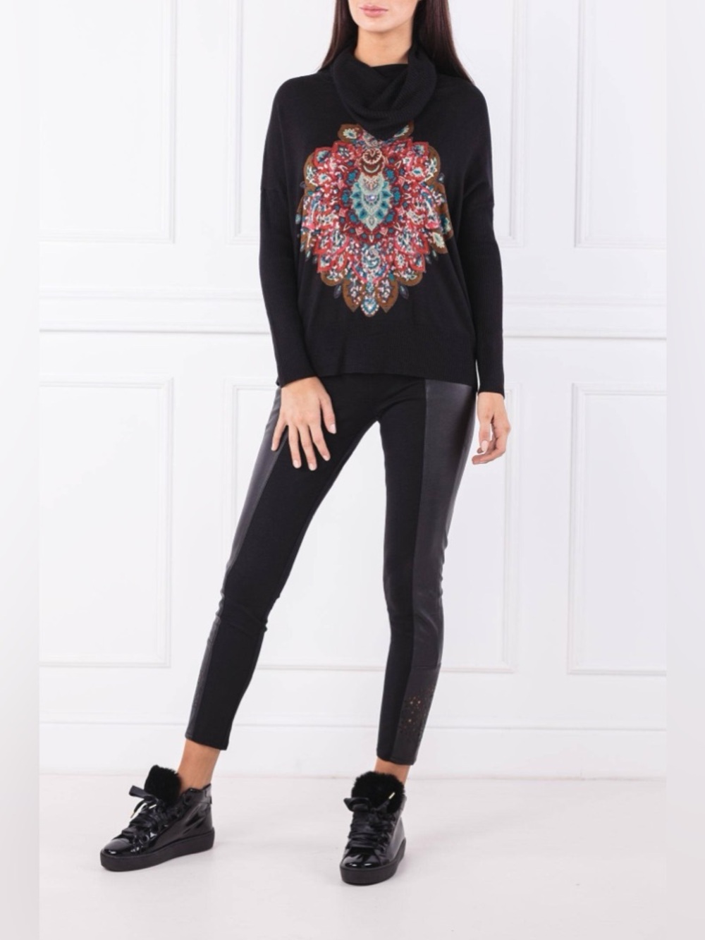 Desigual Cassandra Cowl Neck Sweater with Multicolor Sequins Medallion Print